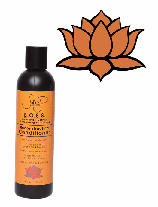 8 oz squeeze bottle of BOSS Reconditioning Conditioner with orange lotus in upper right corner.
