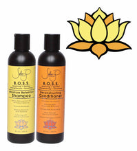 Load image into Gallery viewer, 8 oz bottles of BOSS Moisture Retention Shampoo and Reconstructing Conditioner with orange and yellow lotus in upper right corner.