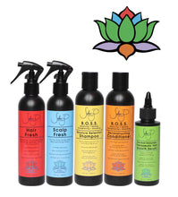 Load image into Gallery viewer, In order image of bottles: 8 oz Hair Fresh (red), 8 oz Scalp (blue), 8 oz BOSS Moisture Retention Shampoo (yellow), 8 oz BOSS Reconstructing (orange), 4 oz Live Root Simulator Therapeutic Hair Growth Serum (green). Multicolored lotus in upper right hand corner.