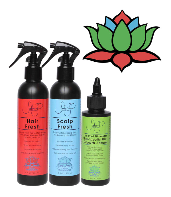 In order image of bottles: 8 oz Hair Fresh (red), 8 oz Scalp (blue), 4 oz Live Root Simulator Therapeutic Hair Growth Serum (green). Tricolored lotus in upper right hand corner.