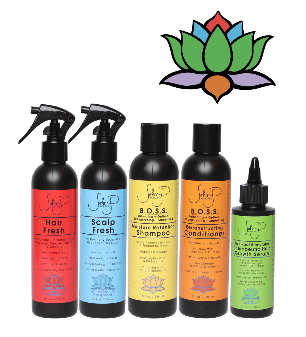 In order image of bottles: 8 oz Hair Fresh (red), 8 oz Scalp (blue), 8 oz BOSS Moisture Retention Shampoo (yellow), 8 oz BOSS Reconstructing (orange), 4 oz Live Root Simulator Therapeutic Hair Growth Serum (green). Multicolored lotus in upper right hand corner.