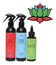 Load image into Gallery viewer, In order image of bottles: 8 oz Hair Fresh (red), 8 oz Scalp (blue), 4 oz Live Root Simulator Therapeutic Hair Growth Serum (green). Tricolored lotus in upper right hand corner.